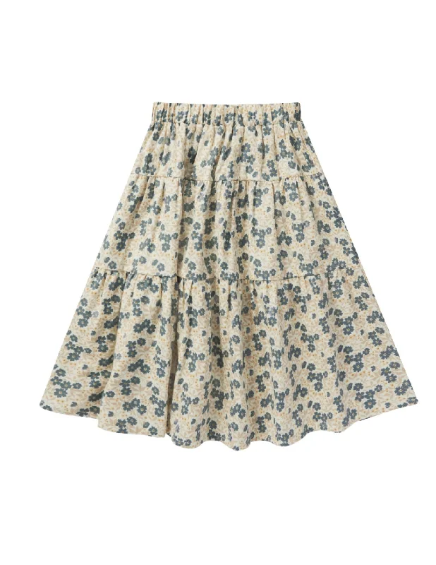 The Tiered Midi Skirt by Rylee + Cru - Blue Ditsy - KIDS Pleated A-line Skirt