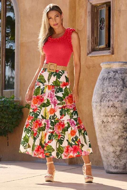 Tropical Oasis Tiered Poplin Midi Skirt Pink/Green Satin Midi Skirt