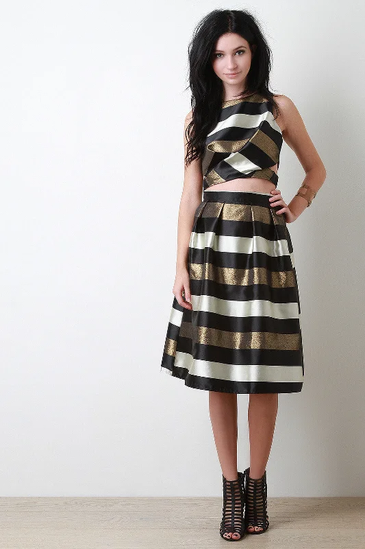 Metallic Stripe Pleated Midi Skirt Winter Midi Skirt