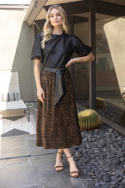 VOY Leopard Print Faux Leather Waist Tie Midi Skirt Front Button Midi