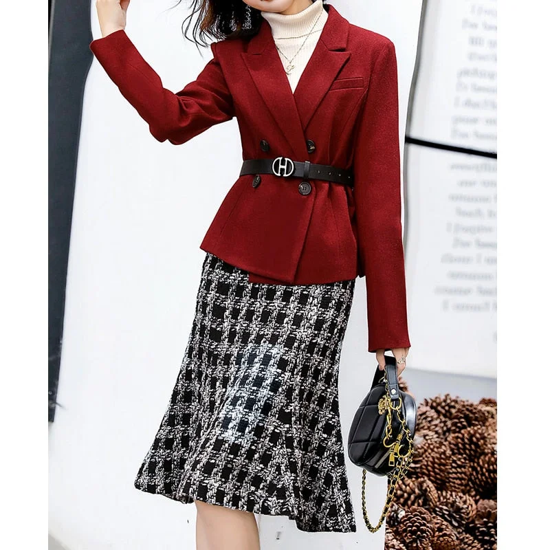 Winter Doulble Breasted Wool Blazer Women Casual Office Lady Professional Temperament and Houndstooth Midi Mermaid Skirt Suit Warm Midi Skirt