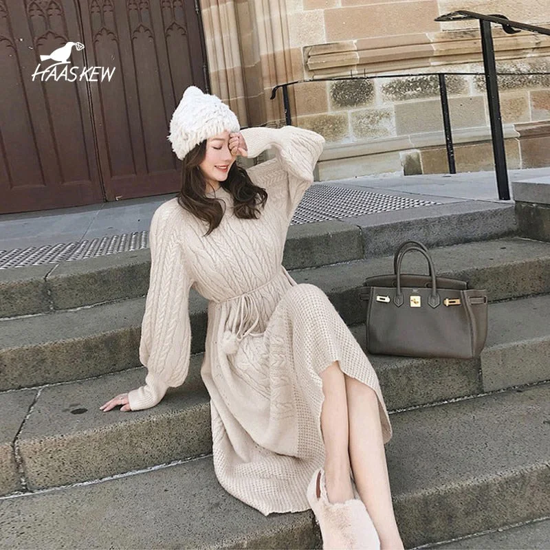 Women Loose Sweater Dress Autumn Winter Knitted Women Pullover Skirt Long Dress Round Neck Warm sweater Casual Midi Ladies Dress Wool Midi Skirt