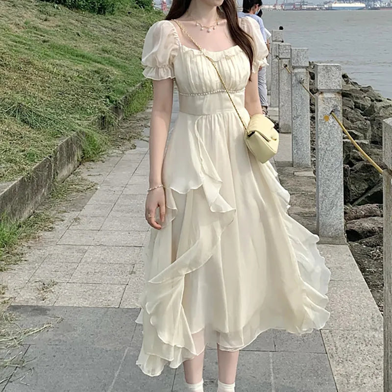 Women's Summer Dress Chiffon Fairy Solid Chic Party Midi Dress 2023 New Korean White Elegant High Waist Slim Long Skirt Y2k Bohemian Midi Skirt