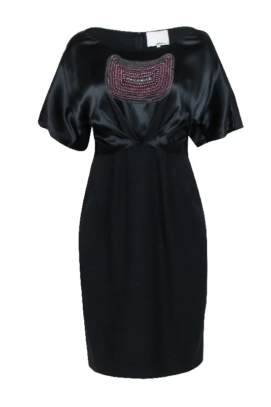 3.1 Philip Lim - Black Midi Dress w/ Embroidered Satin Top & Wool Skirt Sz 8 Ribbed Midi Skirt