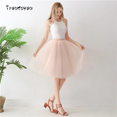 Treutoyeu 5 Layers 65cm Midi Tulle Pleated Skirts Short Tutu Jupe Falda Tul Plisada Stylish Pleated Skirt