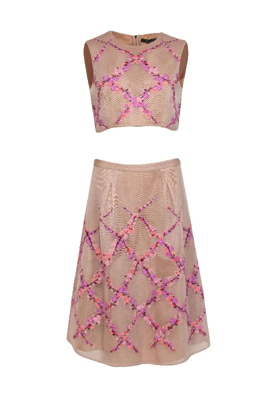 BCBG Max Azria - Blush Mesh Floral Embroidered Crop Tank & Midi Skirt Set Sz S Cozy Midi Dress