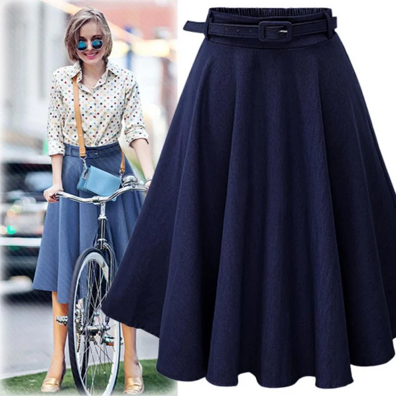 Denim Jeans A line High Elastic Waist Streetwear Midi Pleated Women's Skirt Midi Skirt Blouse