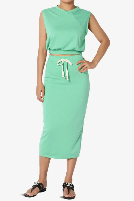 Discreet Crop Tank Top & Midi Skirt SET Button Midi Skirt