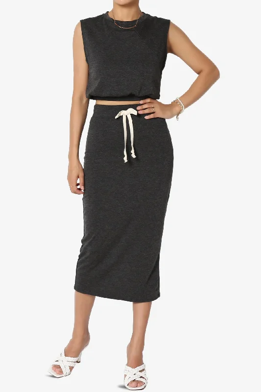 Discreet Crop Tank Top & Midi Skirt SET Classic A-line Skirt