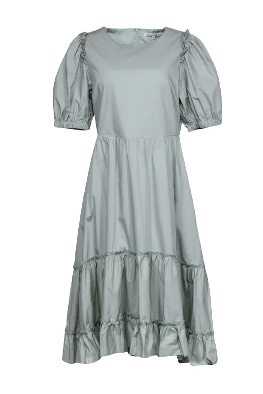 English Factory - Mint Green Cotton Puff Sleeve Midi Dress w/ Tired Skirt Sz L Tulle A-line Skirt