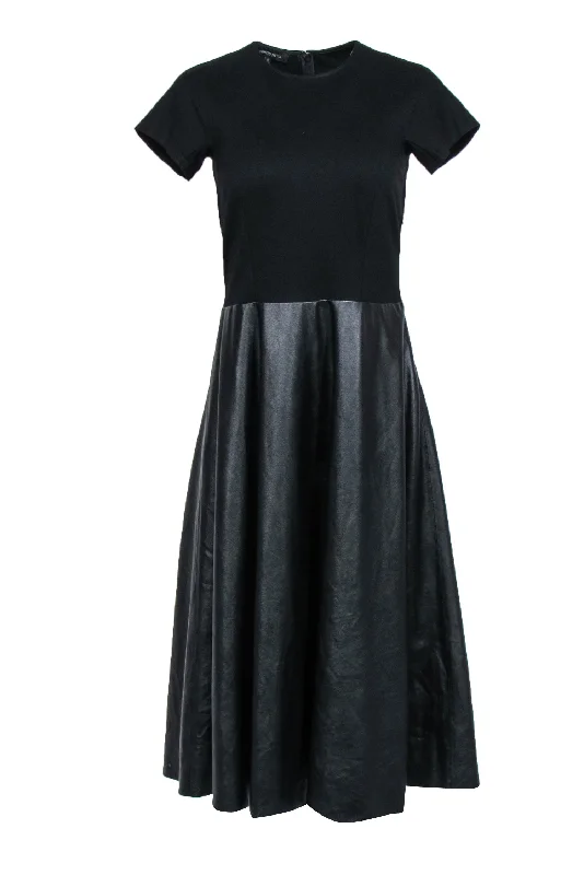 Lafayette 148 - Black Short Sleeve Midi Dress w/ Faux Leather Skirt Sz S Wraparound Midi Skirt