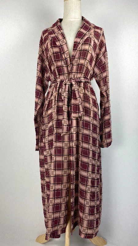 Long Sleeve Plaid Open Midi Length Cardigan, Maroon and Pink Pleated Satin Skirt