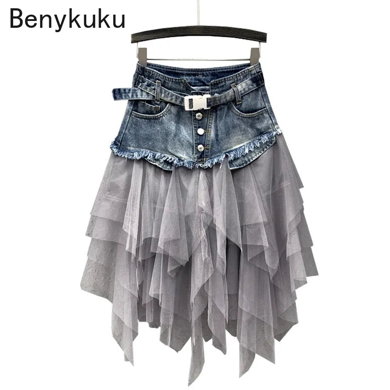 Punk Women Denim Jeans Mesh Patchwork Lace Skirt High Waist A Line Asymmetric Frill Tulle Pleated Midi Y2K Gothic Chic Skirts Skater Midi Skirt