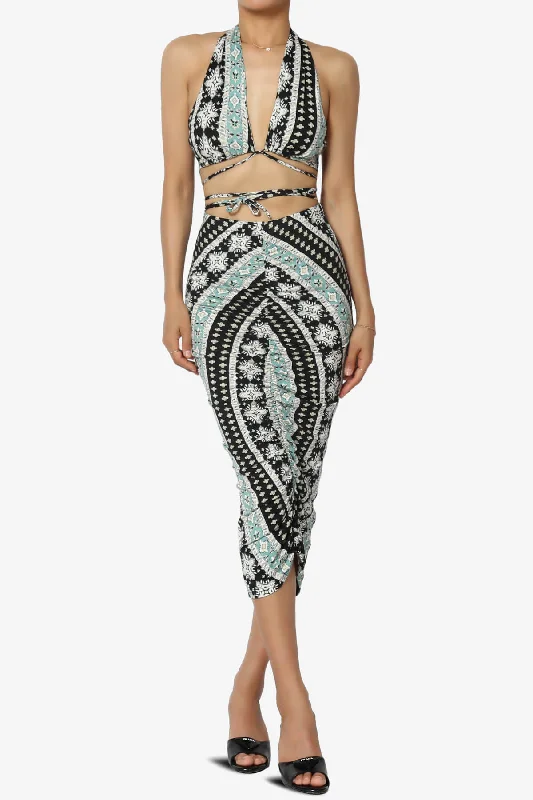 Rally Printed Halter Bra Top & Ruched Midi Skirt SET Embroidered Midi Skirt