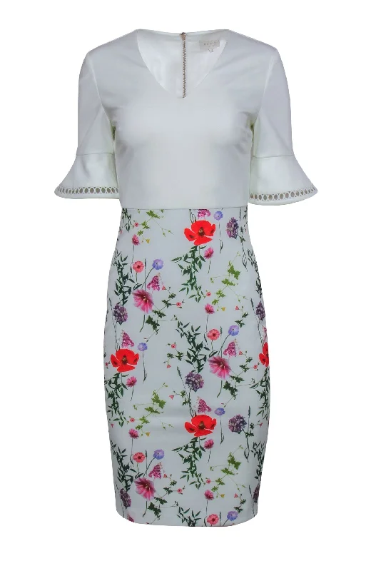 Ted Baker - White Bell Sleeve Midi Dress w/ Floral Print Skirt Sz 4 Midi Skirt Casual