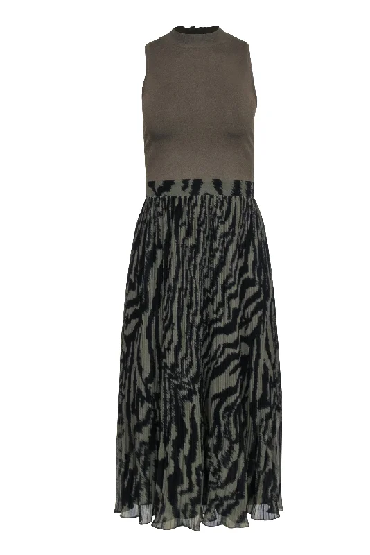 Ted Baker - Olive Knit Top Midi Dress w/ Pleated Zebra Print Skirt Sz 4 Elegant Midi Look