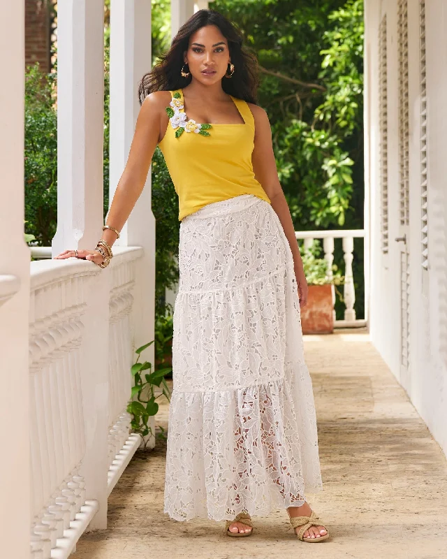 Tiered Lace Midi Skirt White Casual A-line Skirt